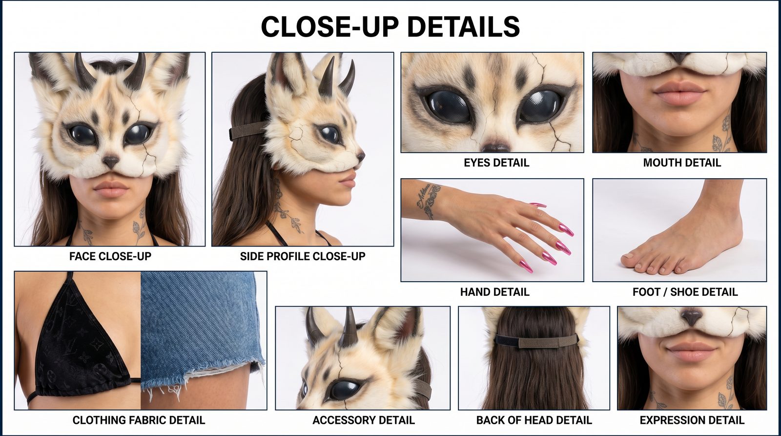 BELOW — close-up continuity details: mask, eyes, hands, fabric